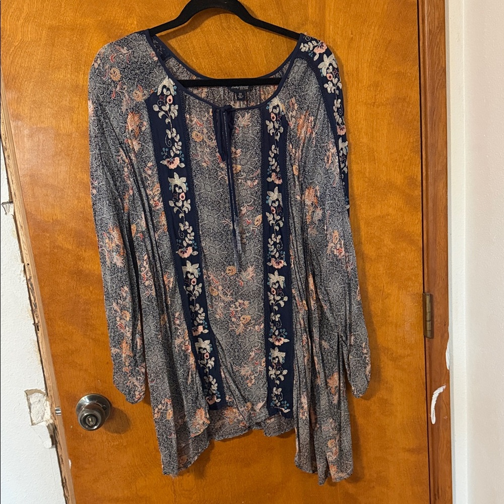 Lucky Brand Navy Tunic with Peach Floral Trim